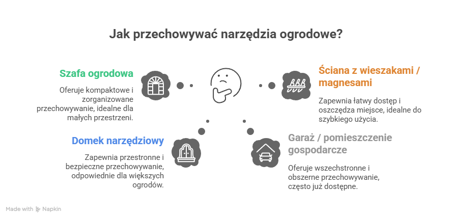 Infografika przechowywanie narzędzi ogrodniczych