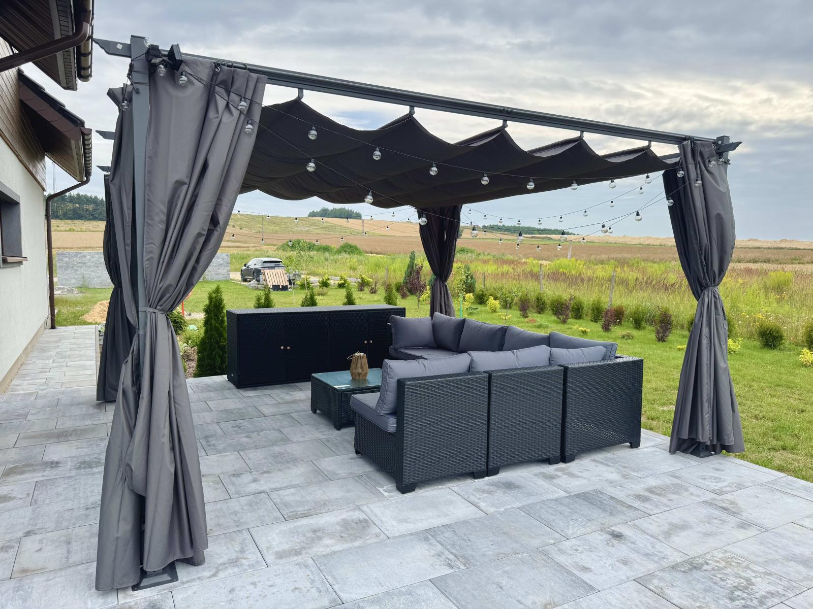 Grafitowa pergola ogrodowa z zasłonami 4x4 Niro - Grey