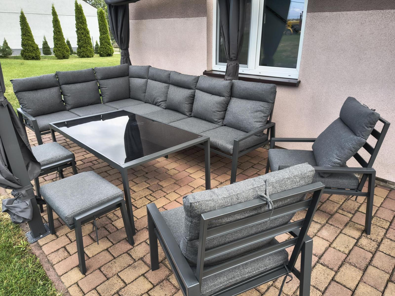 Grafitowe nowoczesne meble tarasowe dla 11 osób Doros Corner XXL narożnik z 2 fotelami i 2 pufami - Dark Grey