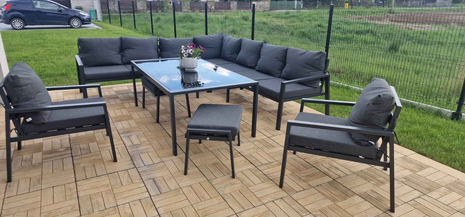 Grafitowe nowoczesne meble tarasowe dla 11 osób Sodor Corner XXL narożnik z 2 fotelami i 2 pufami - Dark Grey