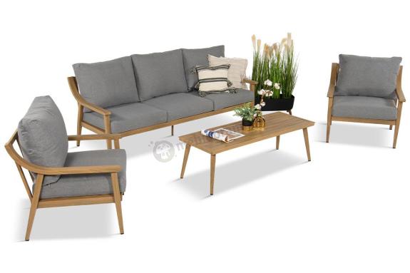 OUTLET - Aluminiowy zestaw mebli ogrodowych, kolor drewniany, szare poduszki dla 5 osób z sofą 200cm - Else Set - Grey