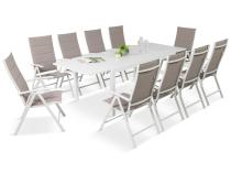 Duży, biały zestaw mebli ogrodowych z aluminiowym rozkładanym stołem 240cm + 10 regulowanych krzeseł - Tabia