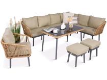 Nowoczesny beżowy narożnik ogrodowy 9 osób z fotelem, pufami i stołem 120cm Postigo Corner XL Nature