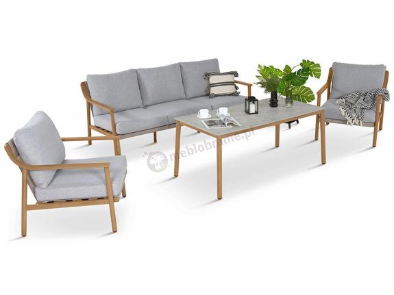 OUTLET - Nowoczesny zestaw mebli Origo z sofą, fotelami i stolikiem - imitacja drewna - Light Grey