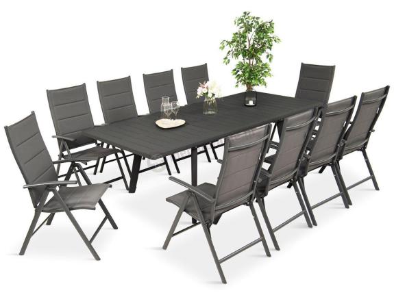 OUTLET - Grafitowe meble ogrodowe Kantara ze stołem rozkładanym 160-240 cm i 10 krzesłami