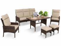 Brązowe meble ogrodowe z sofą 175cm, wysokim stołem polywood, fotelami i pufami Lirata Dining