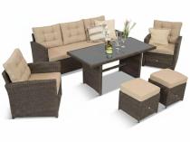 Technorattanowy komplet mebli z wysokim stołem, sofą 186cm, fotelami i pufami Cofete Dining – Brown Cofete 2.0