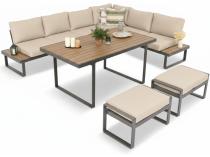 Beżowy narożnik wypoczynkowy ze stołem obiadowym na taras Panaon Corner XL Light Beige Teak