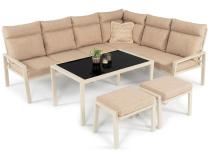 Jasny narożnik tarasowy ze stolikiem 120cm i pufami - Doros Corner XL - Cream