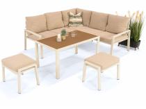 Meble tarasowe metalowe - narożnik 184x184cm, pufy i stół imitacja drewna 120cm - Sodor Corner - Cream Polywood