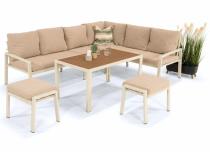 Jasny narożnik tarasowy modułowy ze stolikiem 120cm i pufami - Sodor Corner XL - Cream Polywood