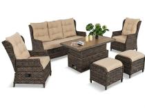 Technorattanowy komplet mebli ogrodowych z sofą, regulowanymi fotelami i podnoszonym stołem - Fiorento Dining Polywood Brown